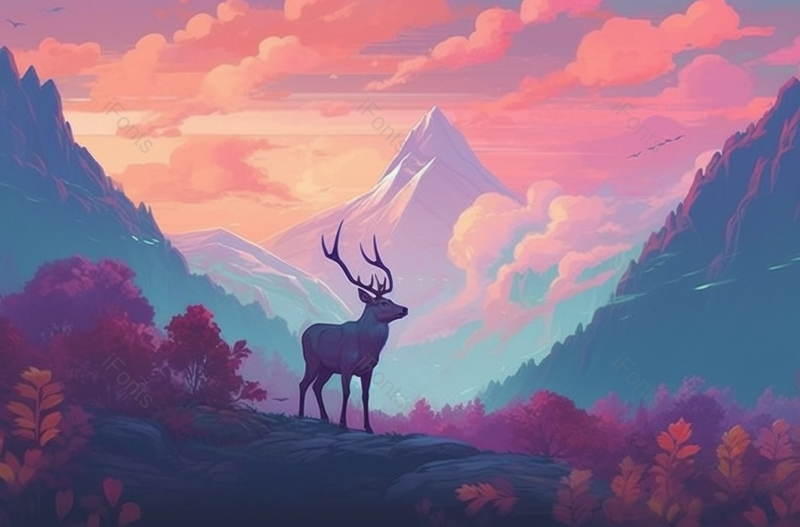 秀美深山树林里行走的梅花鹿手绘插画背景,插画/手绘图,插画/手绘图库,插画/手绘图下载,插画/手绘